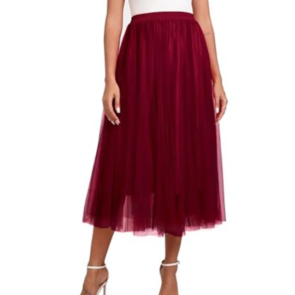 Women's 2-Layer Tulle Midi Skirt Elastic Waist A-Line Work Party - Picture 3 of 8
